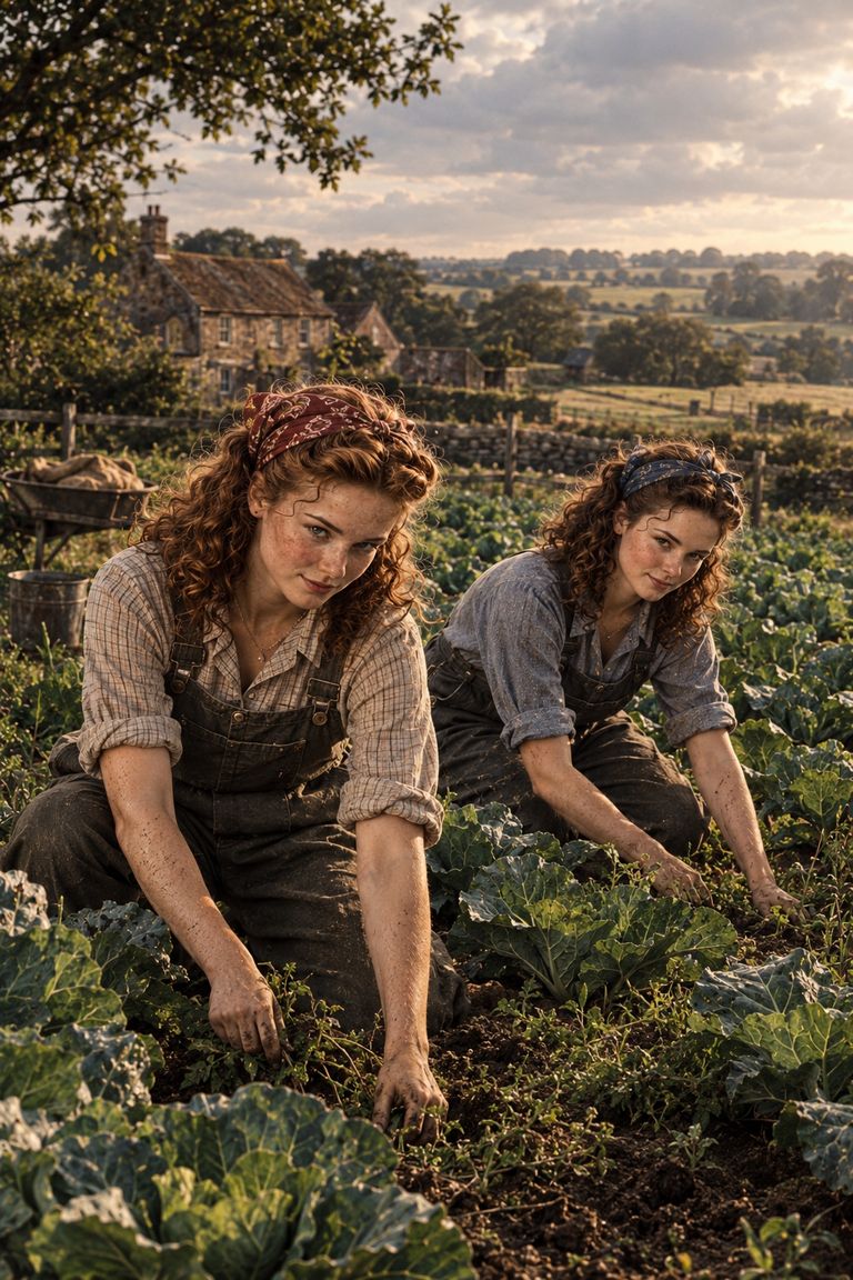 Two young women kneel at work among rows of cabbages.