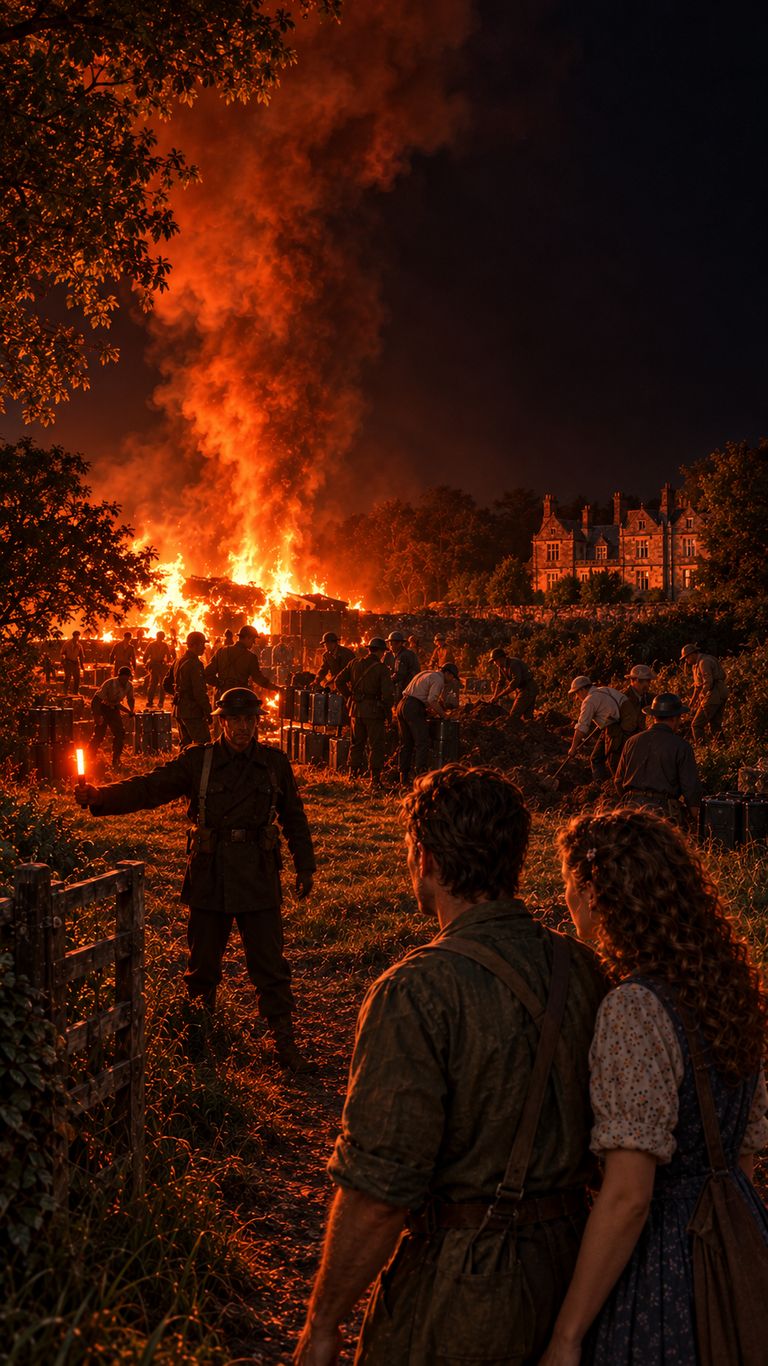 Villagers stand in the dark and watch a great fire burn beyond the trees.