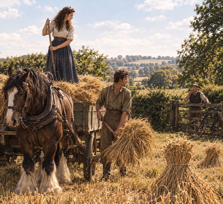 A heavy horse and cart in a harvest field, with sheaves stooked in the stubble.