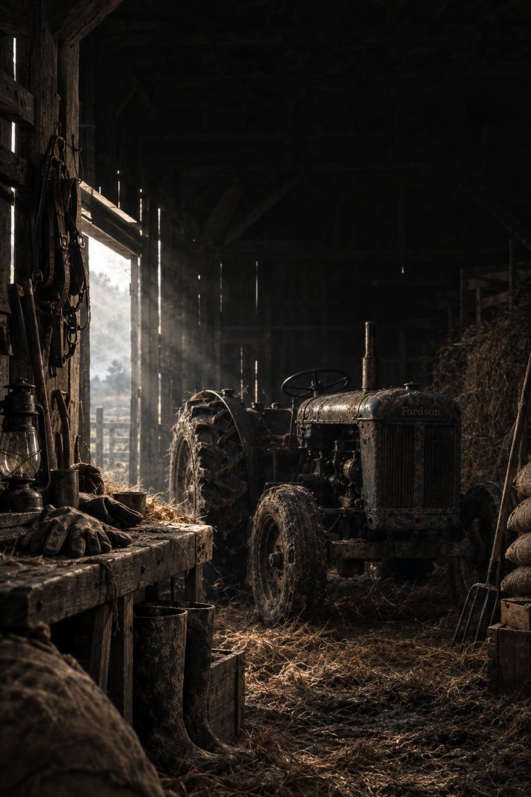 An old tractor in the half dark of a barn, lit by the open door.