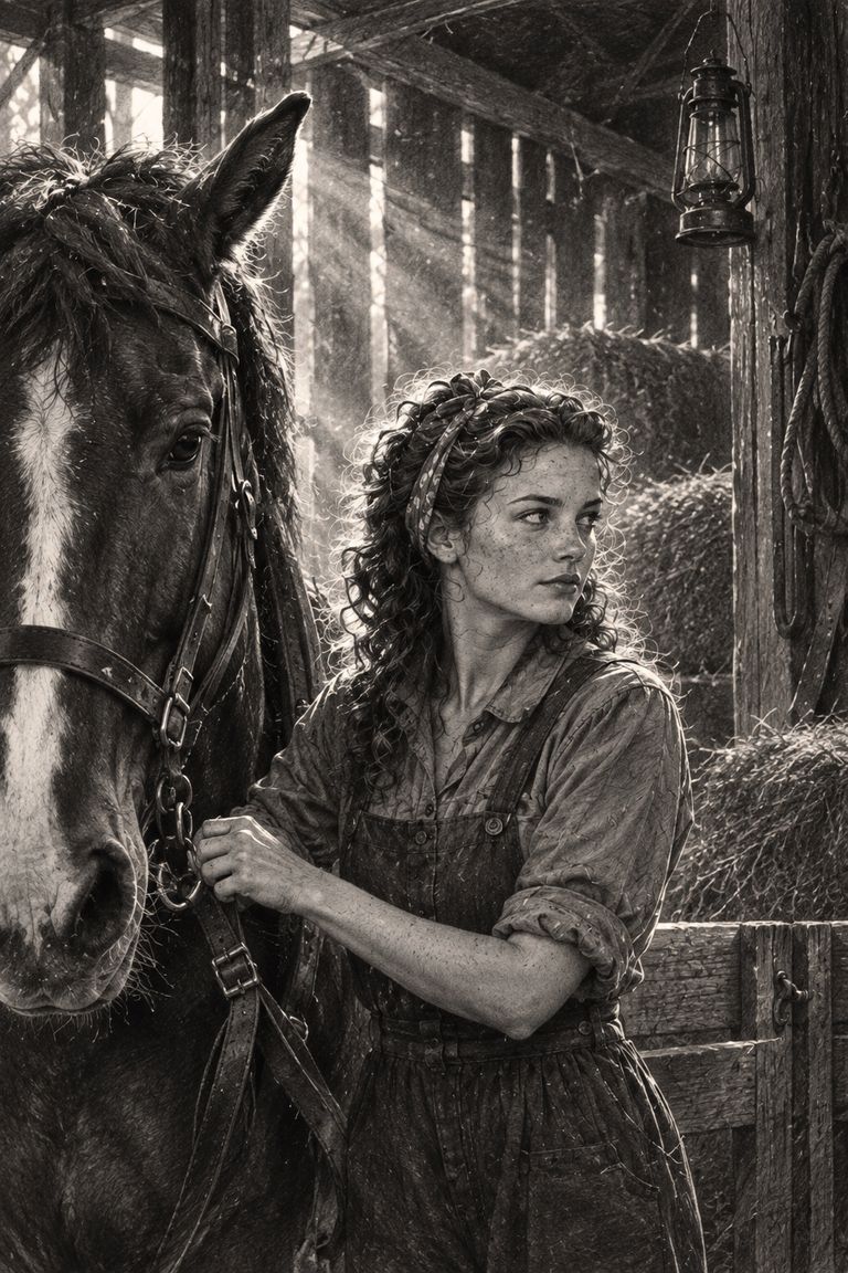 In black and white, a young woman in work clothes stands with one hand on a horse's bridle in a barn lit by shafts of light from the slatted wall.