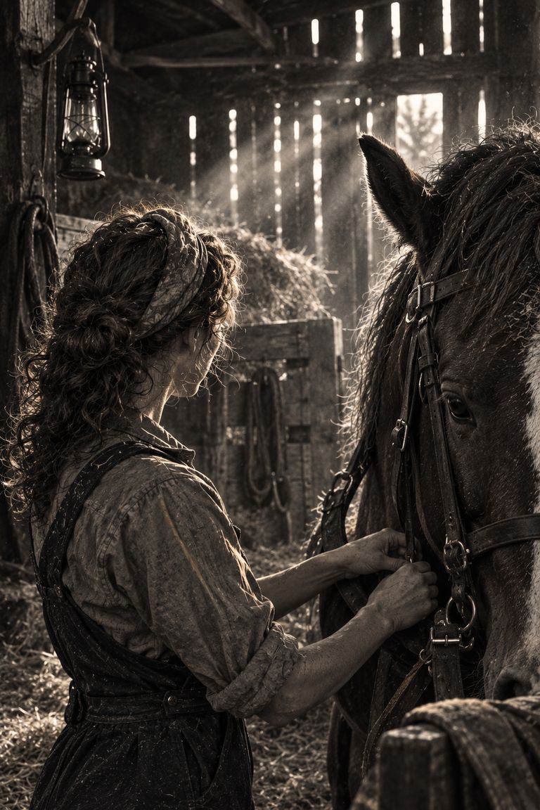 Seen from behind in a dim barn, a young woman with her hair tied back in a scarf rests her hands on a horse's bridle.