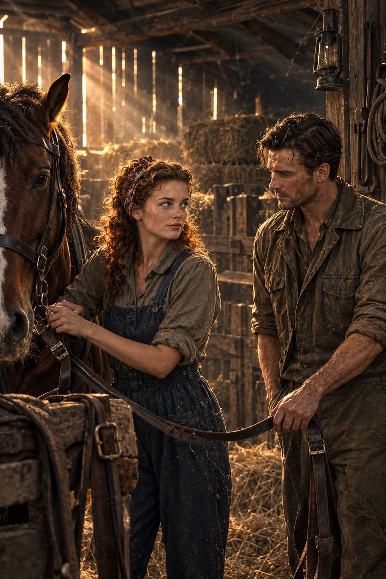 In a barn striped with low sunlight, a young woman in dungarees holds a heavy horse by its halter while a farmhand in rolled sleeves stands beside her.