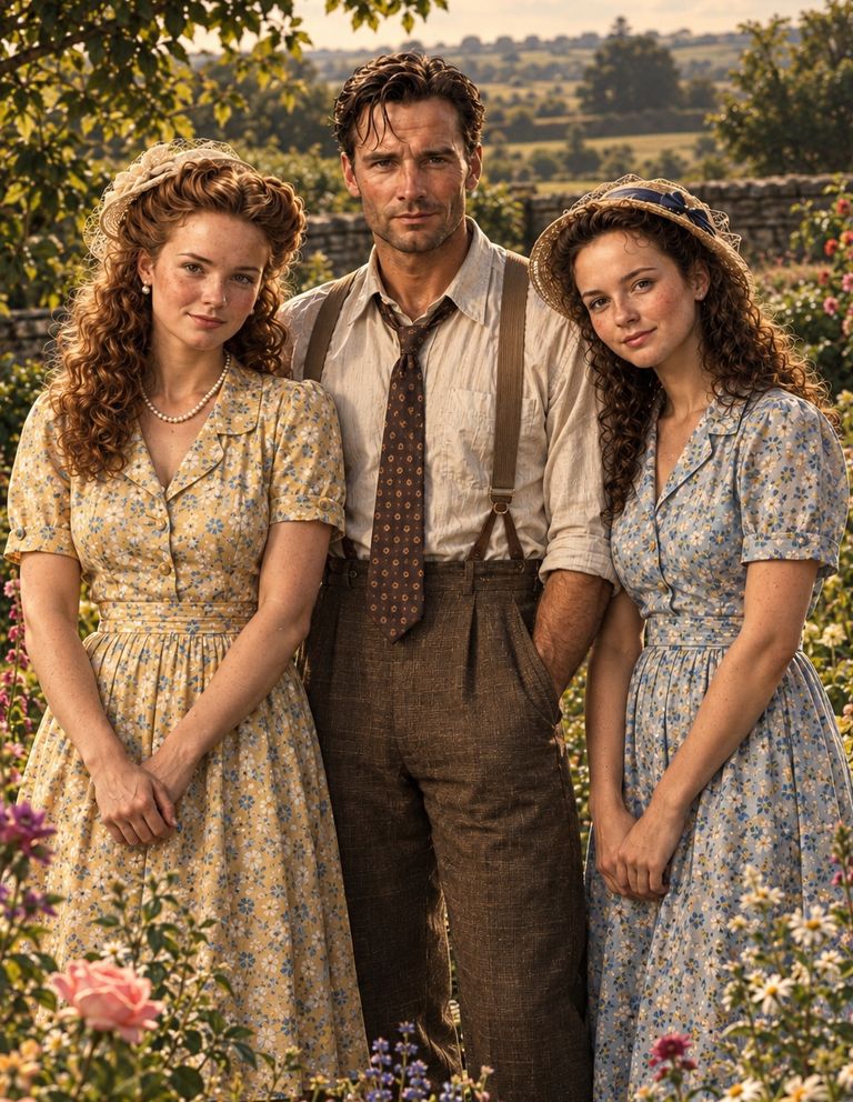 Two young women and a man stand close together among flowers in a farmhouse garden: one woman in a yellow floral dress, the man in braces and a tie, and the other woman in a blue floral dress and a straw hat.