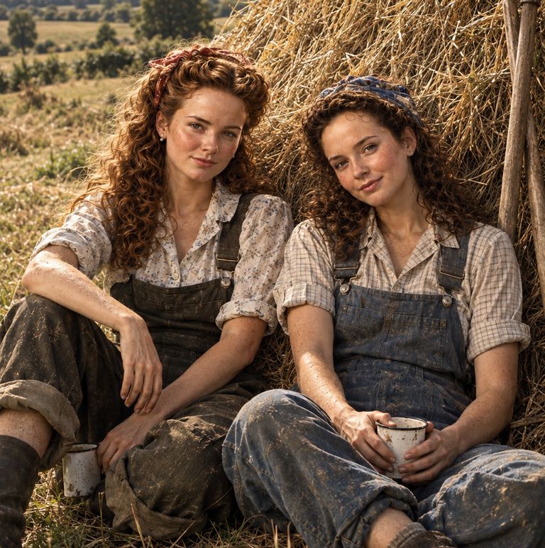 Two young women in dungarees and headscarves sit in the stubble against a haystack, tired and smiling, one holding a tin mug.