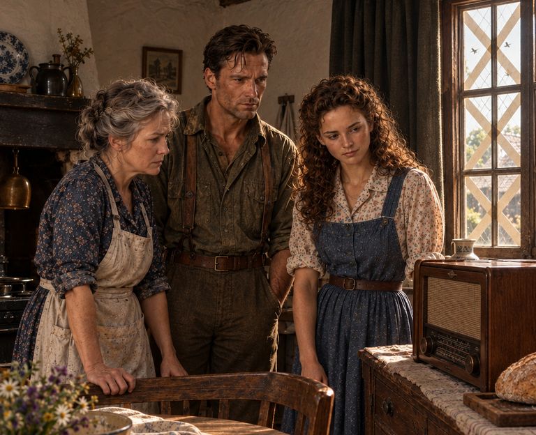 In a low-beamed cottage kitchen, an older woman in an apron, a man in work clothes and a young woman in a pinafore stand close together and look down in worried silence. A wireless set stands on the dresser beside a loaf of bread.