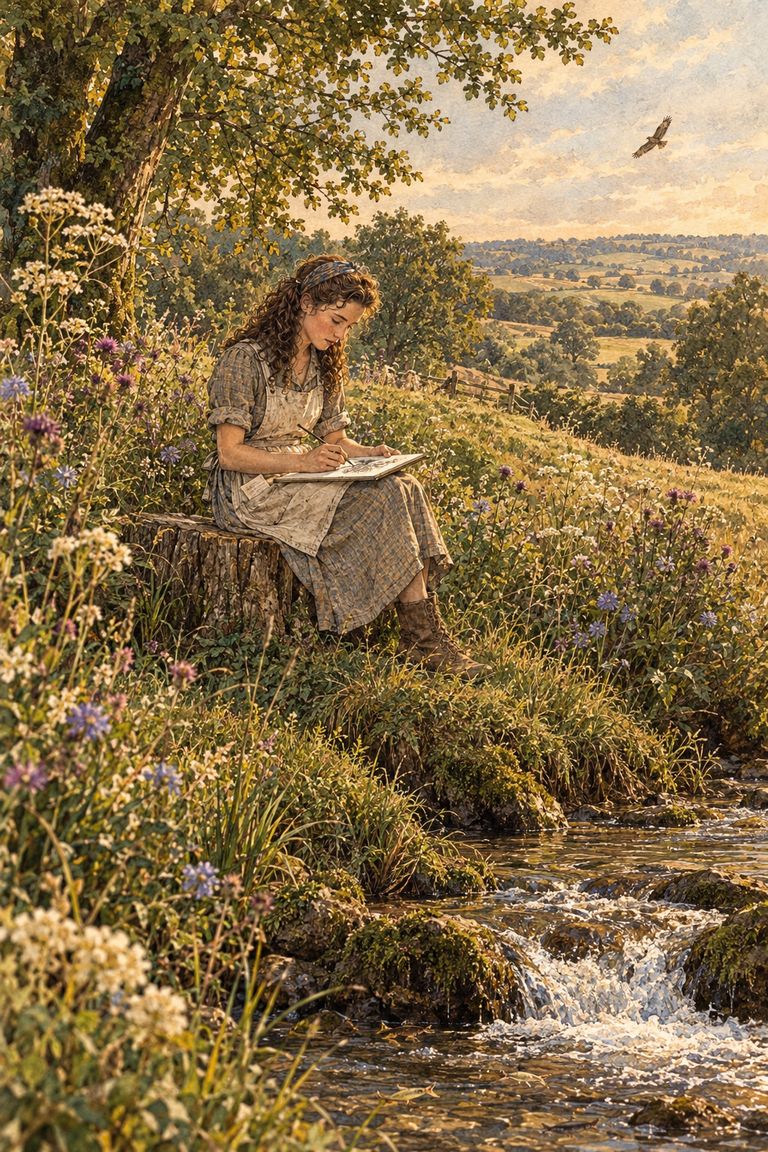 A young woman with auburn curls sits on a grassy bank above a little waterfall, drawing in a sketchbook, with wild flowers around her and the fields rolling away beyond.