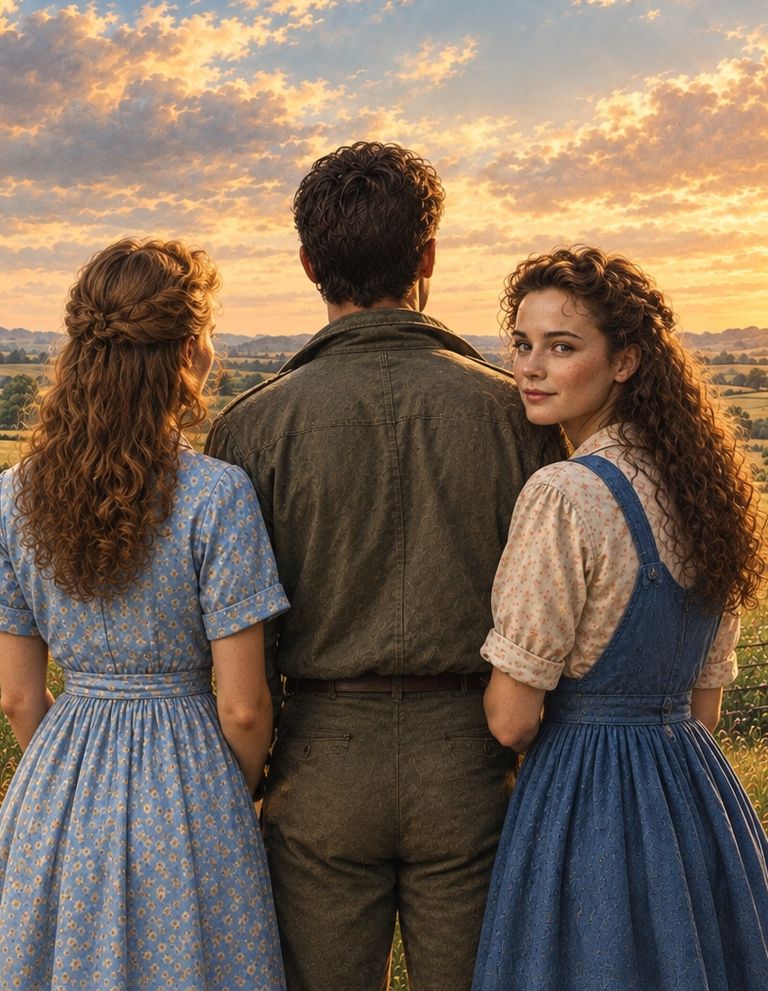 Seen from behind at sunset, a man and two young women stand side by side looking out over the fields. The young woman on the right glances back over her shoulder.