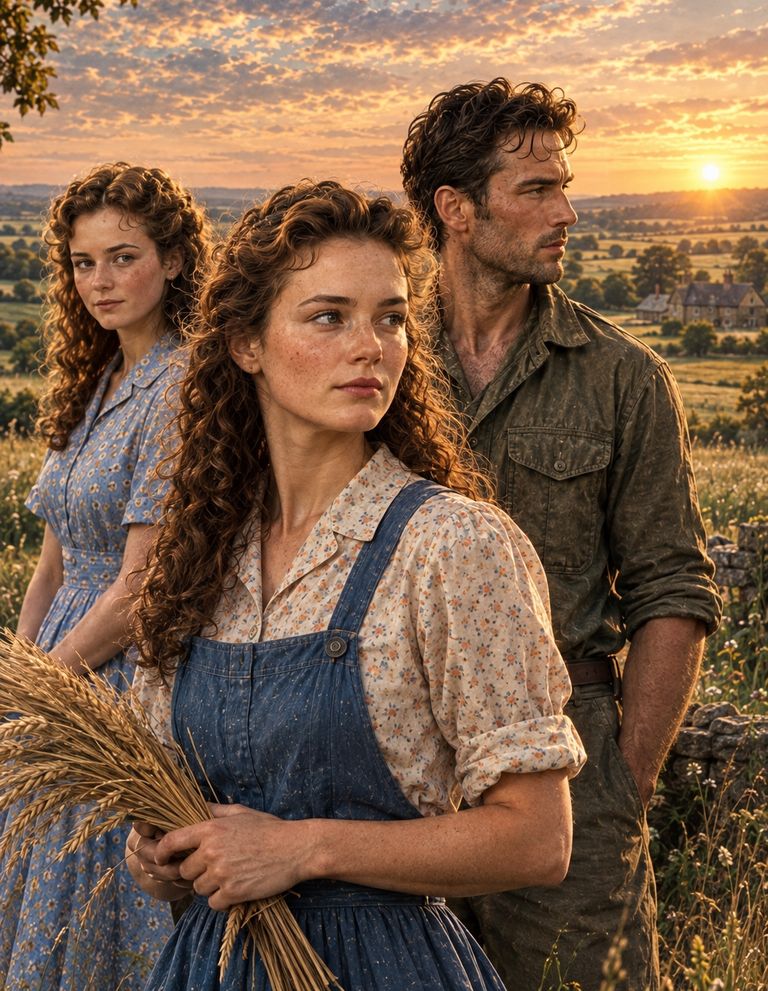 At golden hour, two young women and a man stand close together in a field, looking out across the countryside. The woman in front holds a sheaf of wheat.