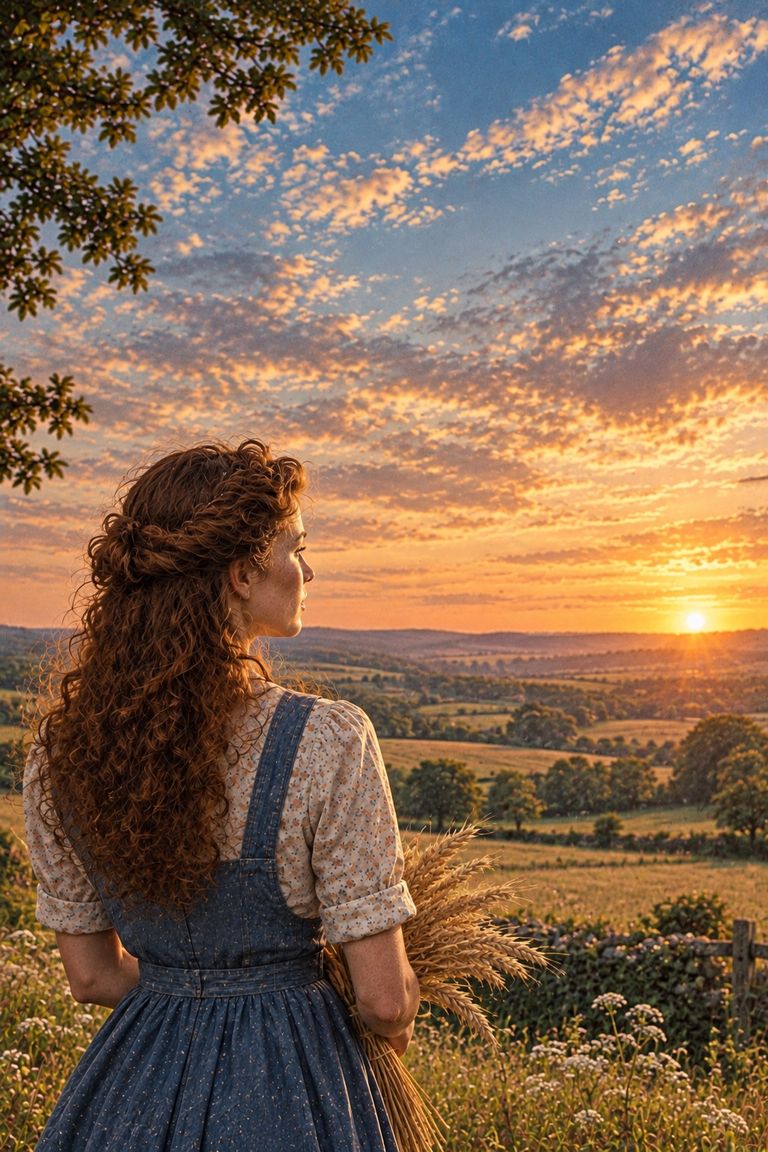 Seen from behind, a young woman with a sheaf of corn under her arm looks out over the Weald as the sun goes down.